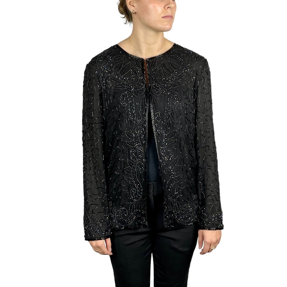 VINTAGE BLACK SILK BEAD EMBELLISHED LONG HOLIDAY EVENING JACKET JMD NEW YORK NWT
